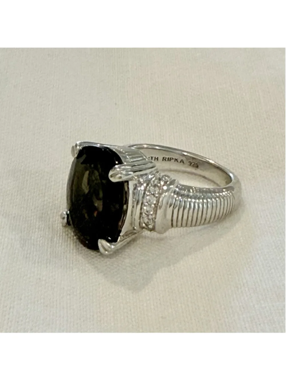 Judith Ripka 925 Sterling Silver Oval Smokey Quartz Prong Set Ring Size 7 Signed